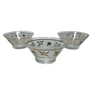 Frosted Gold Birds Berry Berries‎ Leaf Glass Snack Bowl Lot of Three Vintage SEE